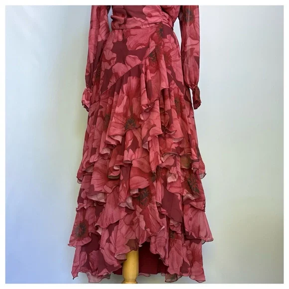 NWT Anthropologie Hutch Kya Long-Sleeve V-Neck Printed Tiered Wrap Maxi Dress XS - Picture 9 of 17